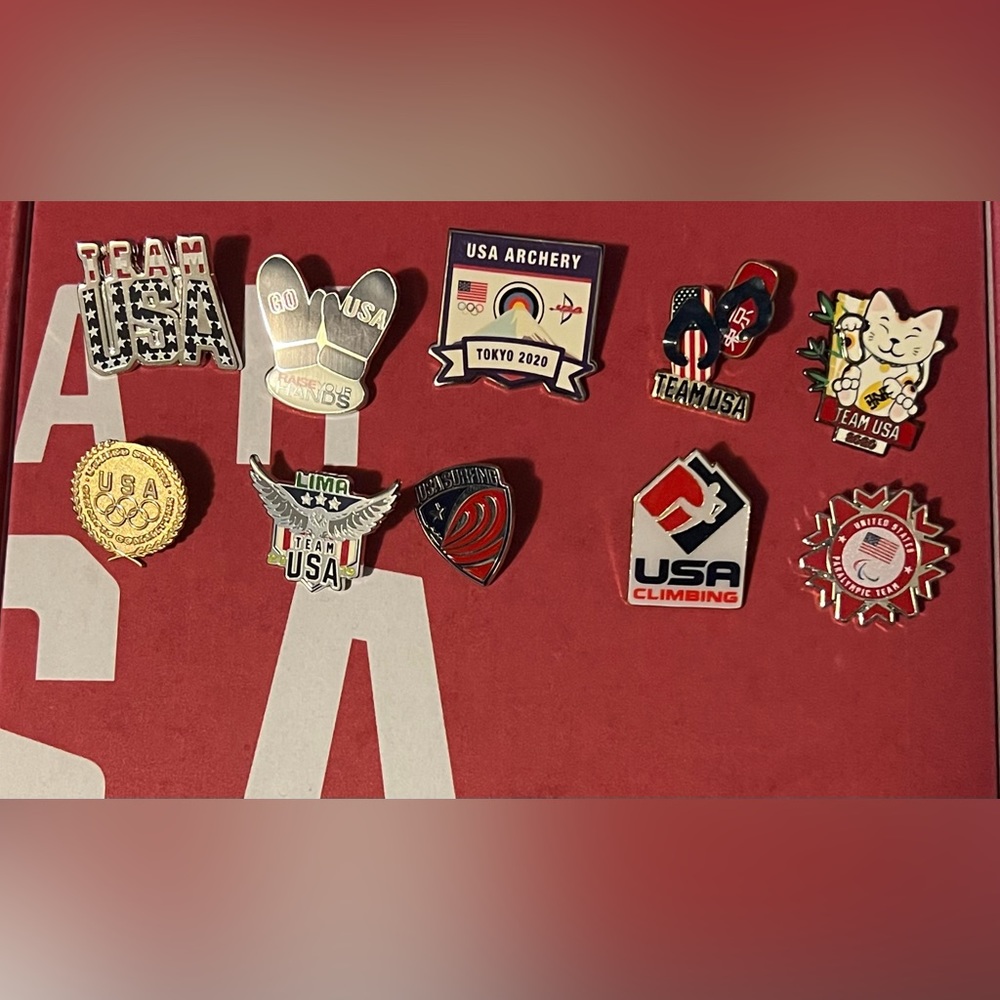 Set of 10 Team USA pins from various sports and games. Excellent condition.